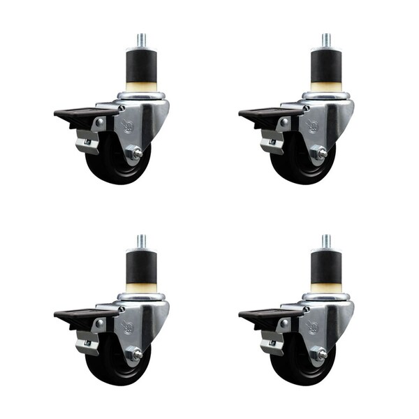 3'' Hard Rubber Swivel 1-7/8'' Expanding Stem Caster Set with Brake, 4PK